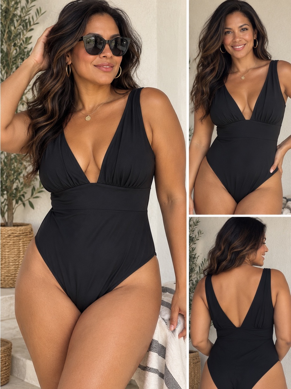 Quince Black One Piece Swimsuit Plunge V Neck Size L NWT